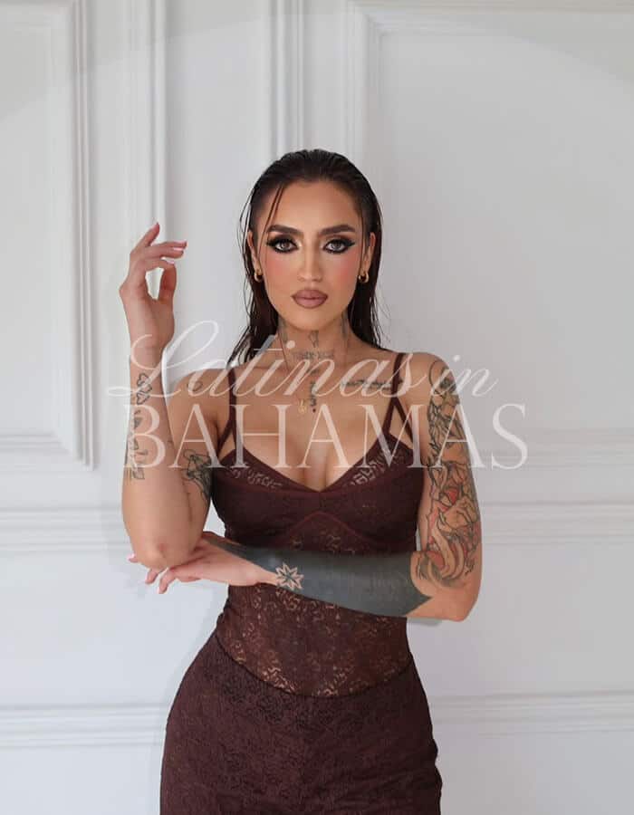 High-end escort service banner featuring an attractive woman in fashionable evening wear