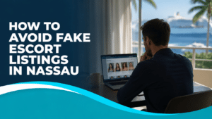 How to Avoid Fake Escort Listings in Nassau – person researching trustworthy listings online before visiting the Bahamas